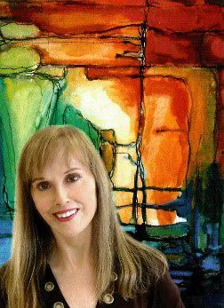 A woman standing in front of an abstract painting.