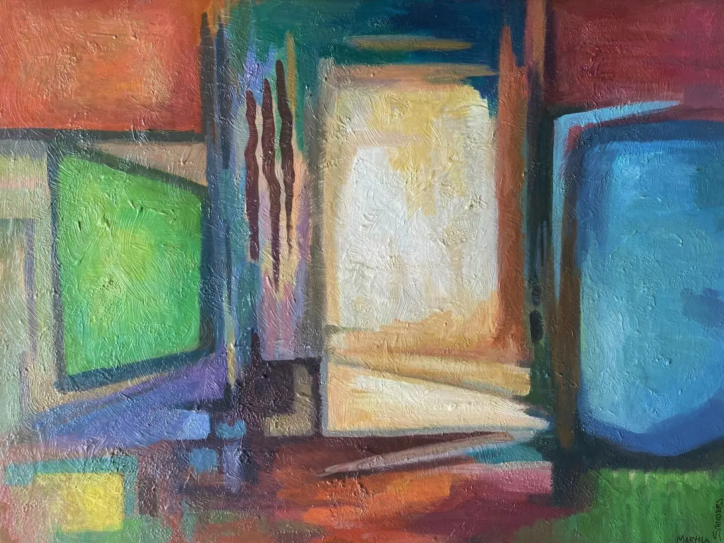 A painting of an open doorway with colorful abstract shapes.