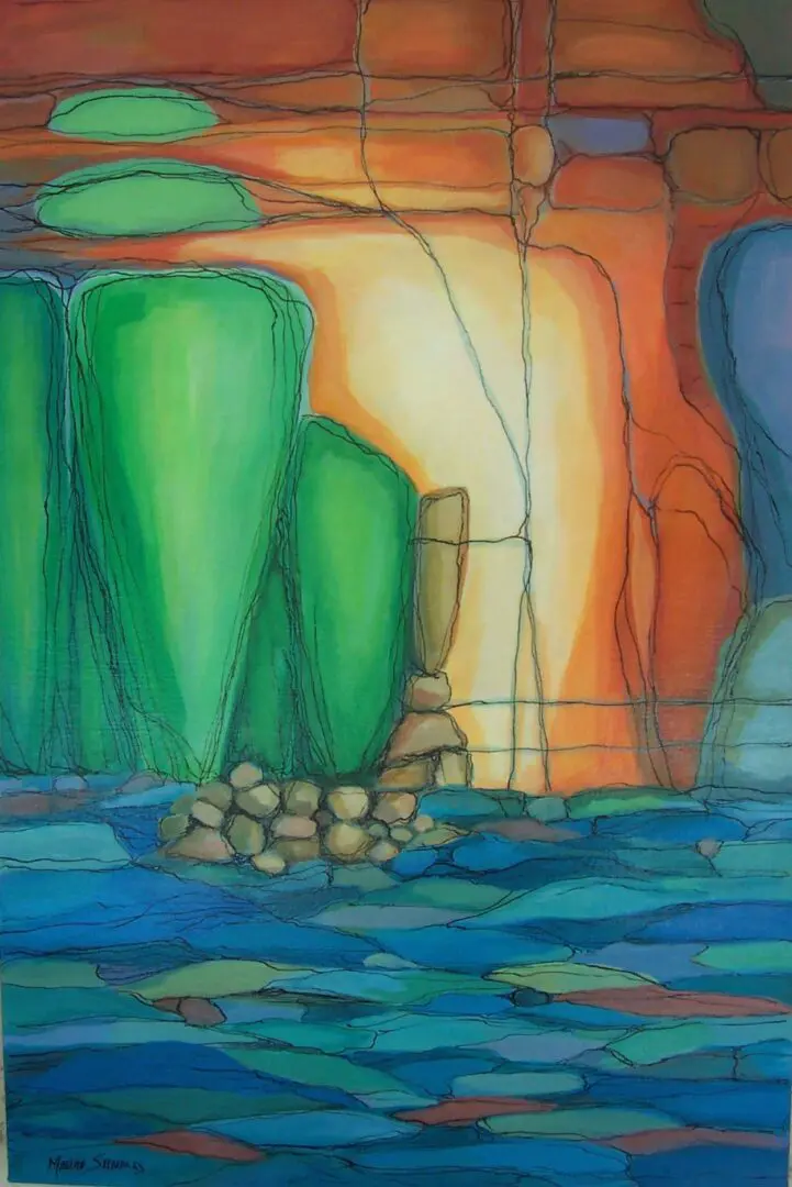 A painting of trees and rocks in the water