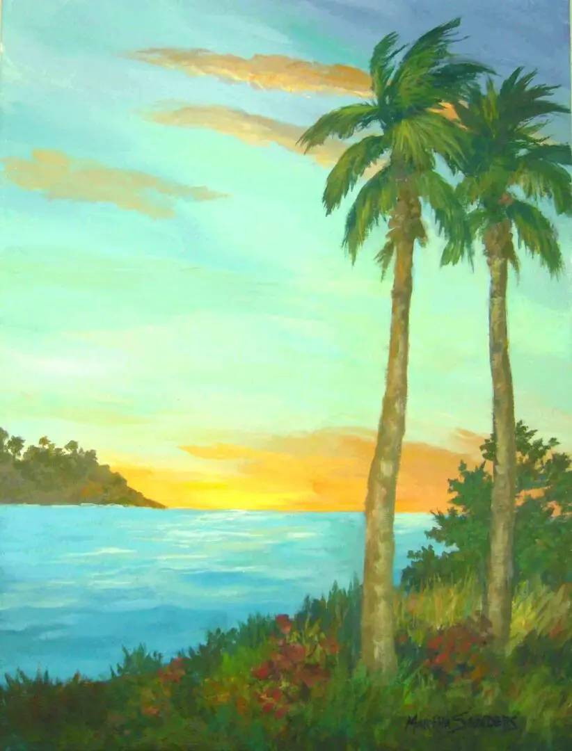 A painting of two palm trees near the ocean.