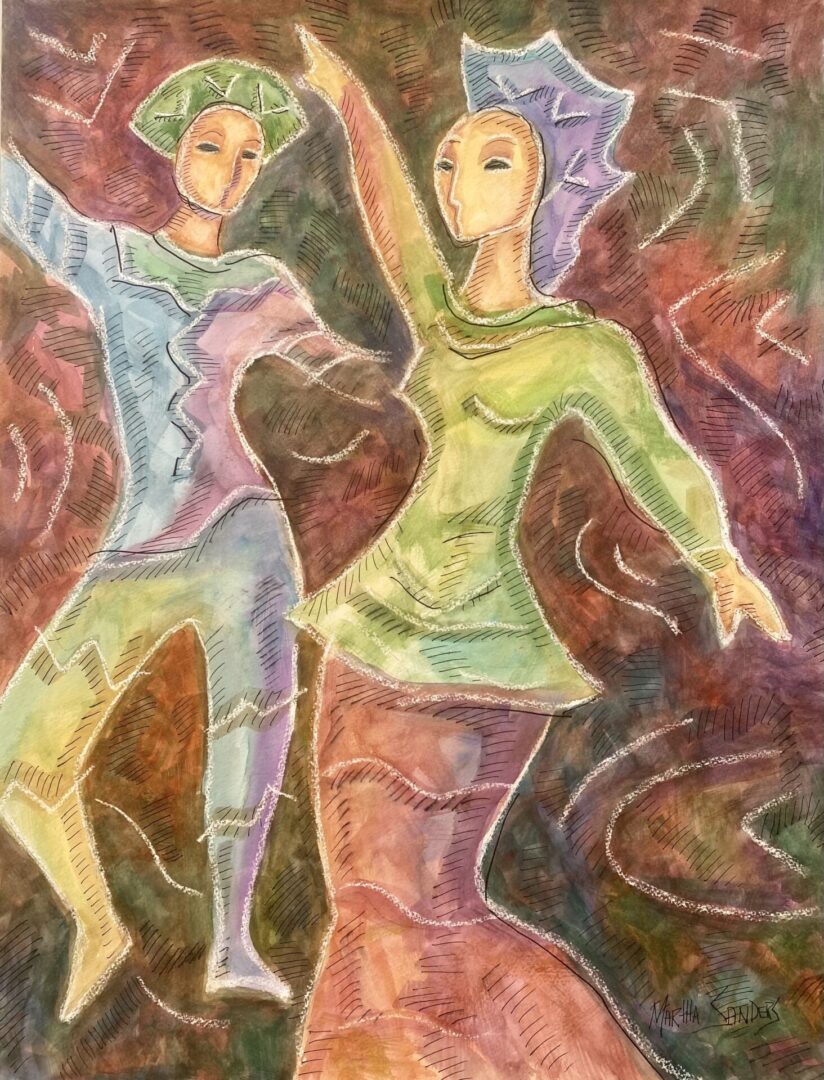 Two people are dancing in a colorful painting.