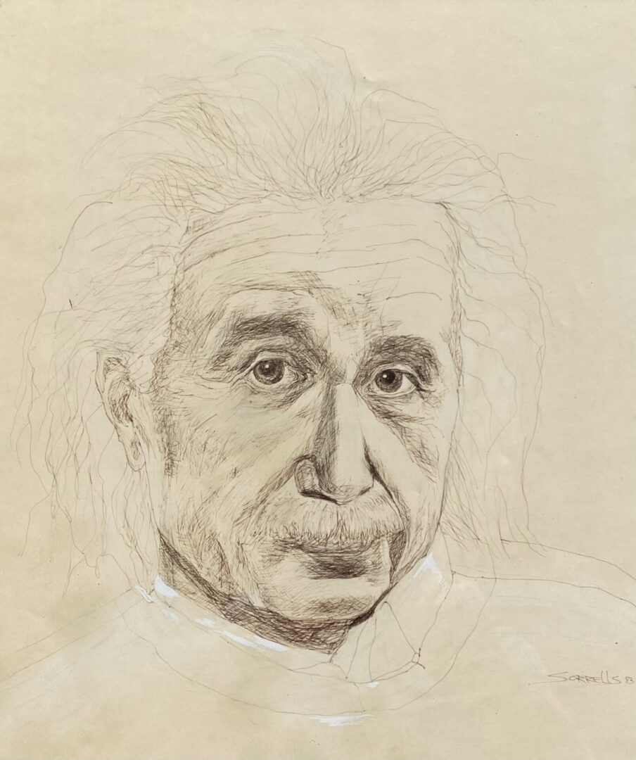 A drawing of an older man with white hair.