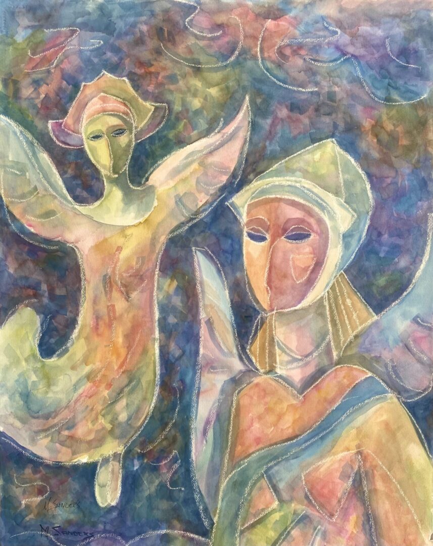 A painting of two angels with one angel holding a sword.