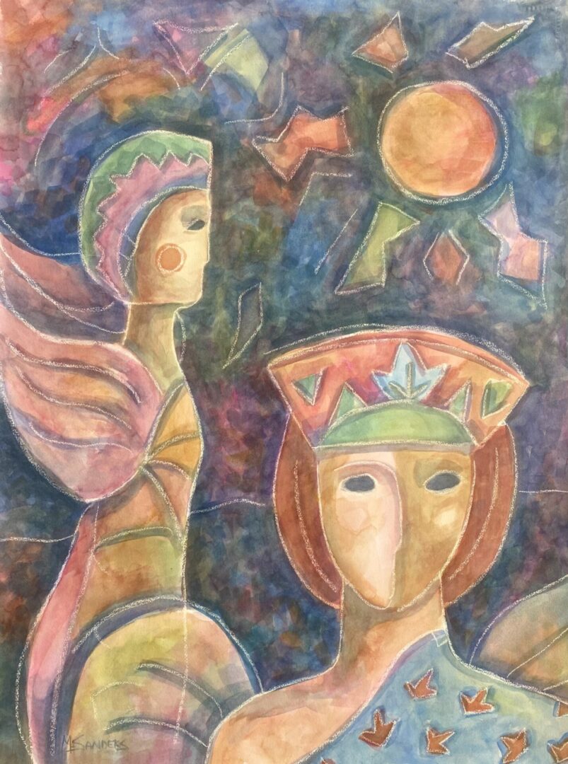 A painting of two people with hats on