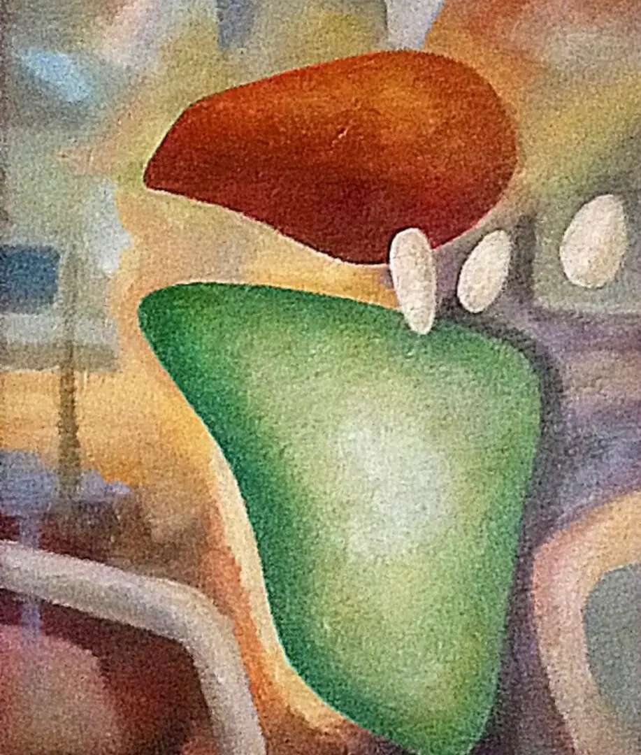 A painting of an abstract green and red flower