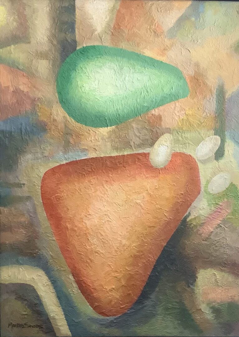 A painting of an orange and green pear
