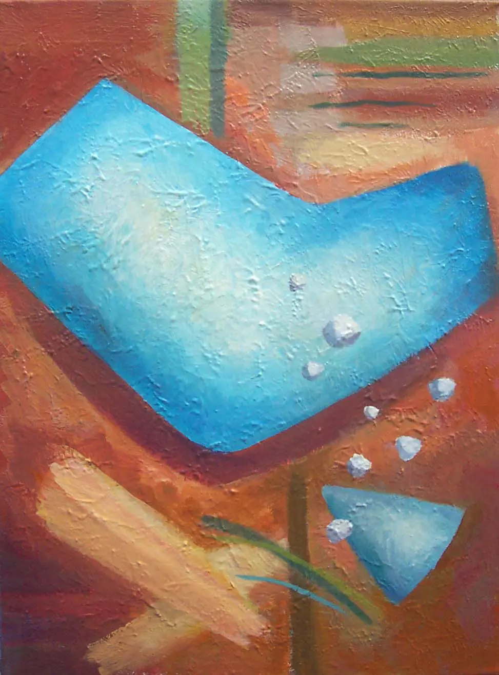 A painting of a blue object with white dots on it.