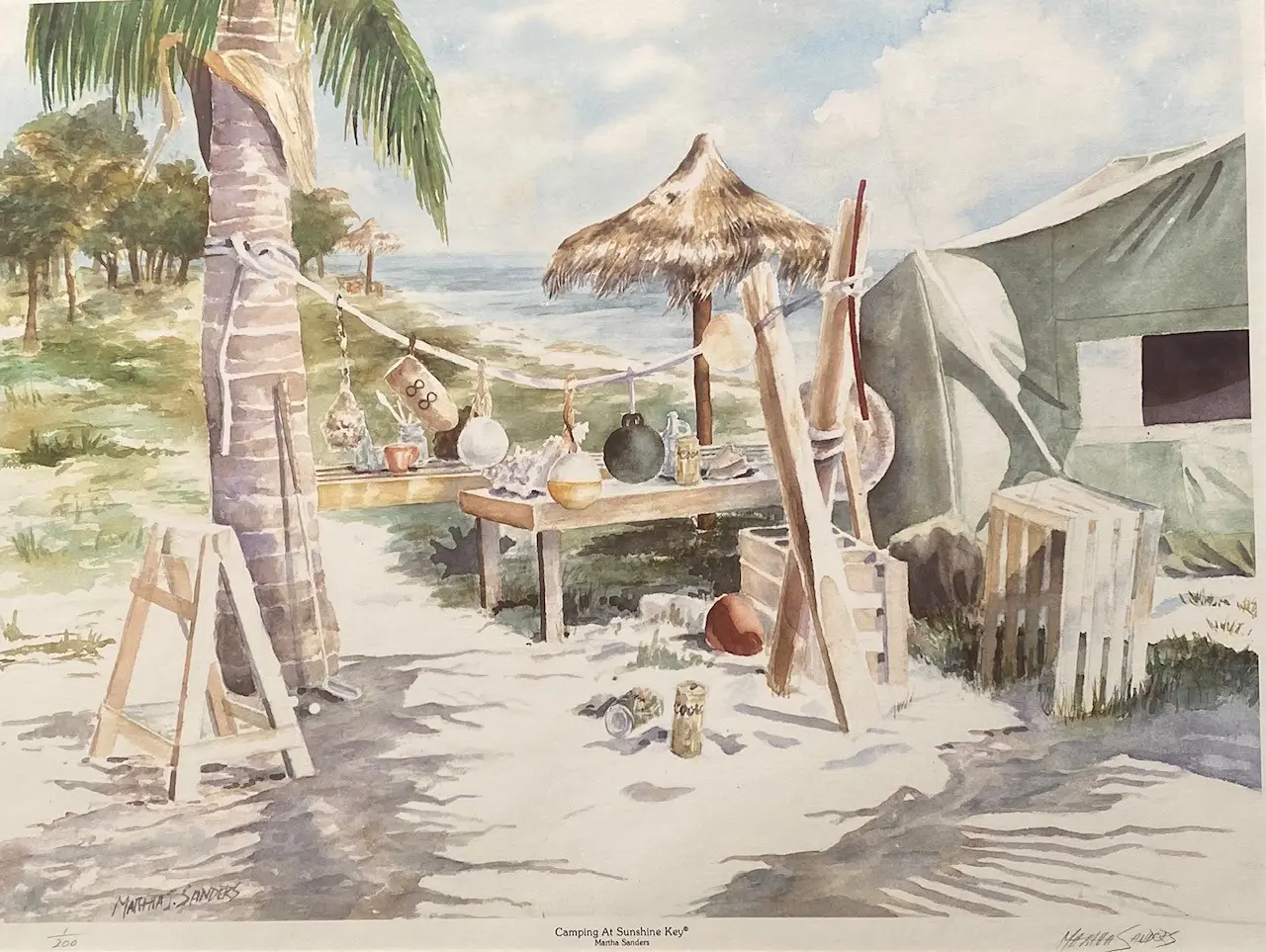 A painting of an outdoor setting with palm trees.
