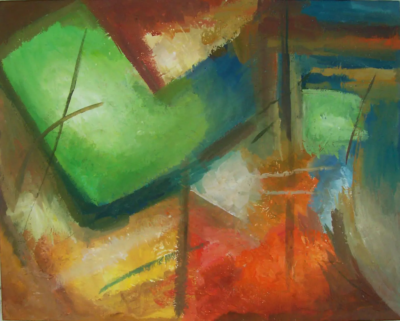 A painting of green and red abstract shapes