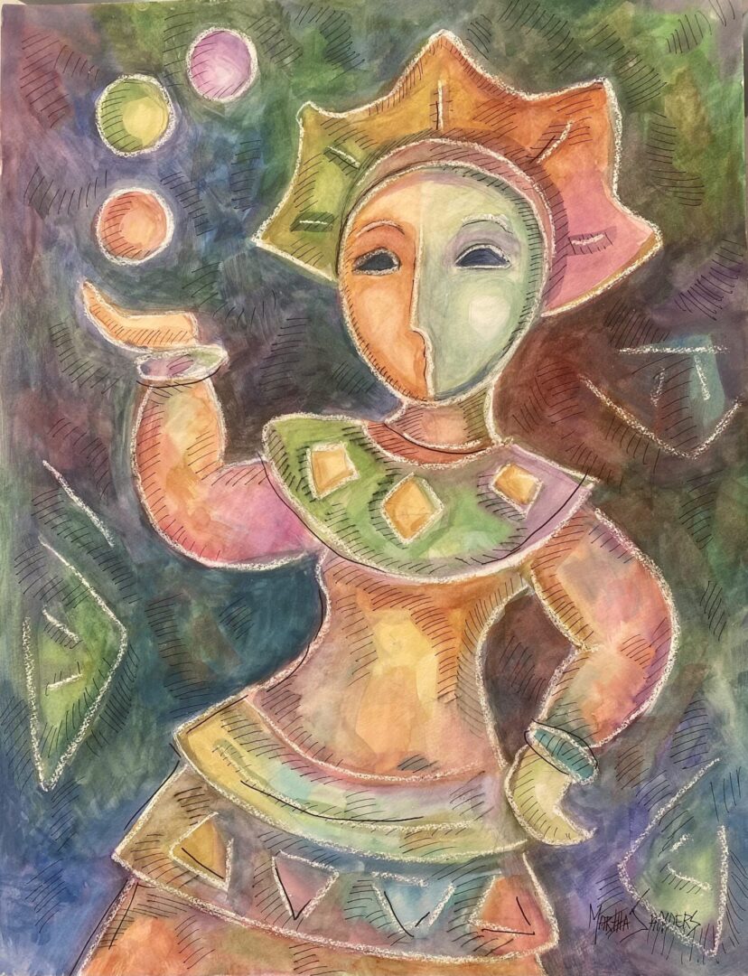 A painting of a woman juggling balls
