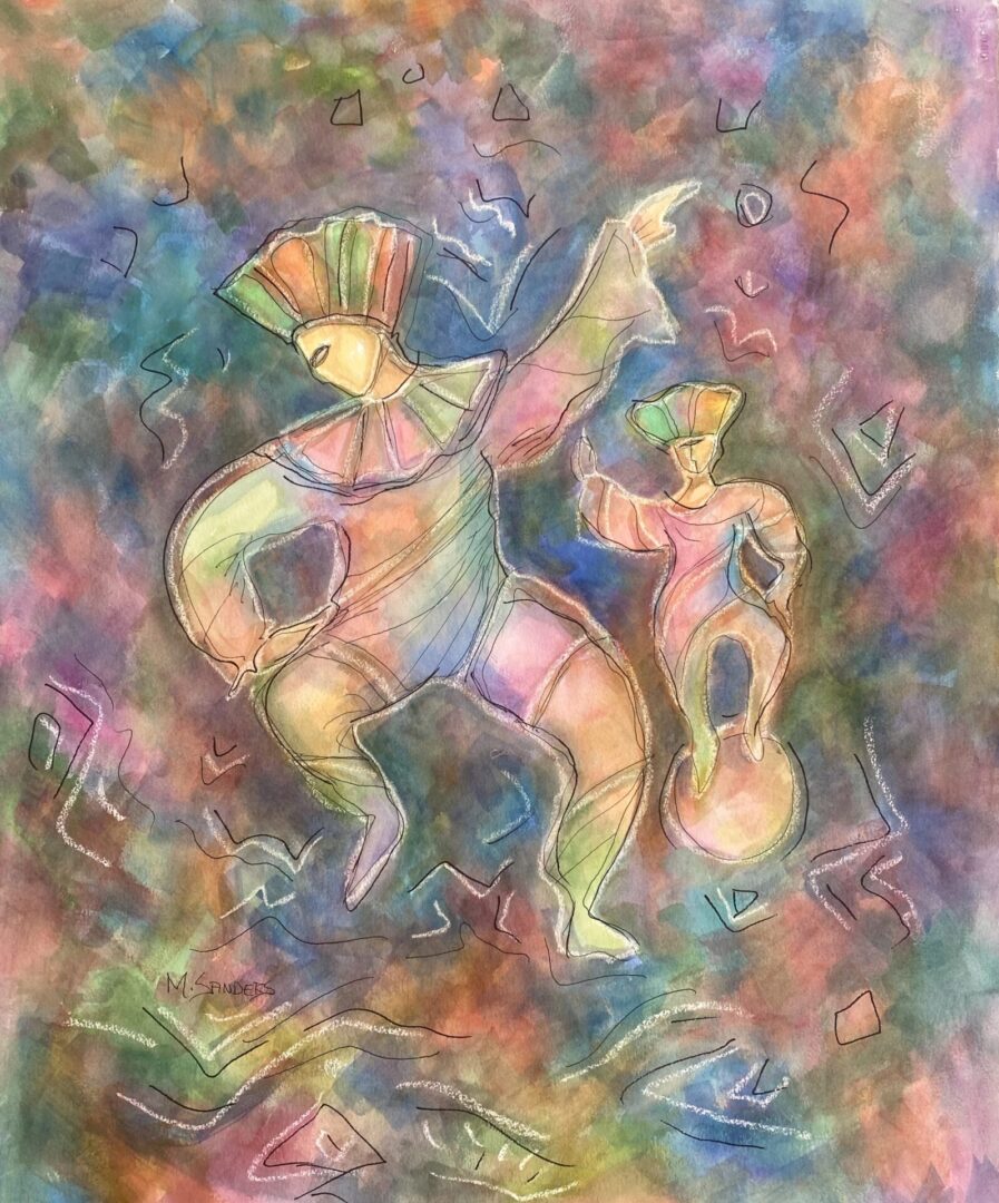 A painting of two people playing instruments