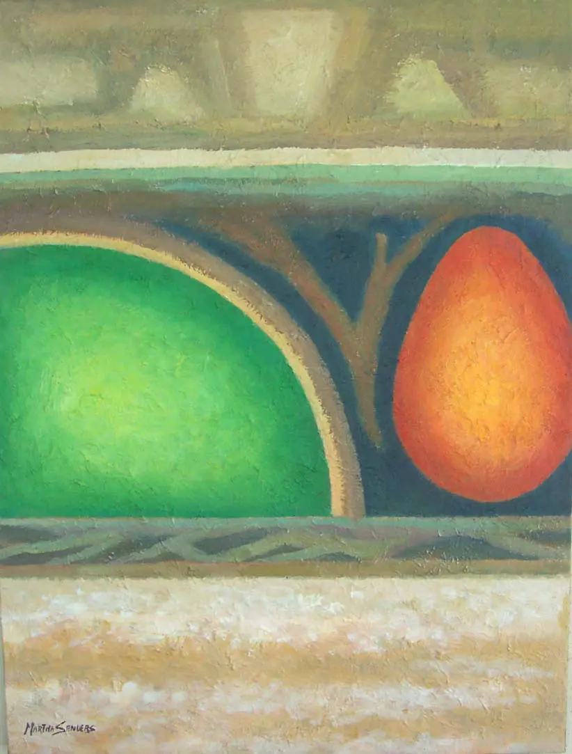 A painting of an orange and green fruit