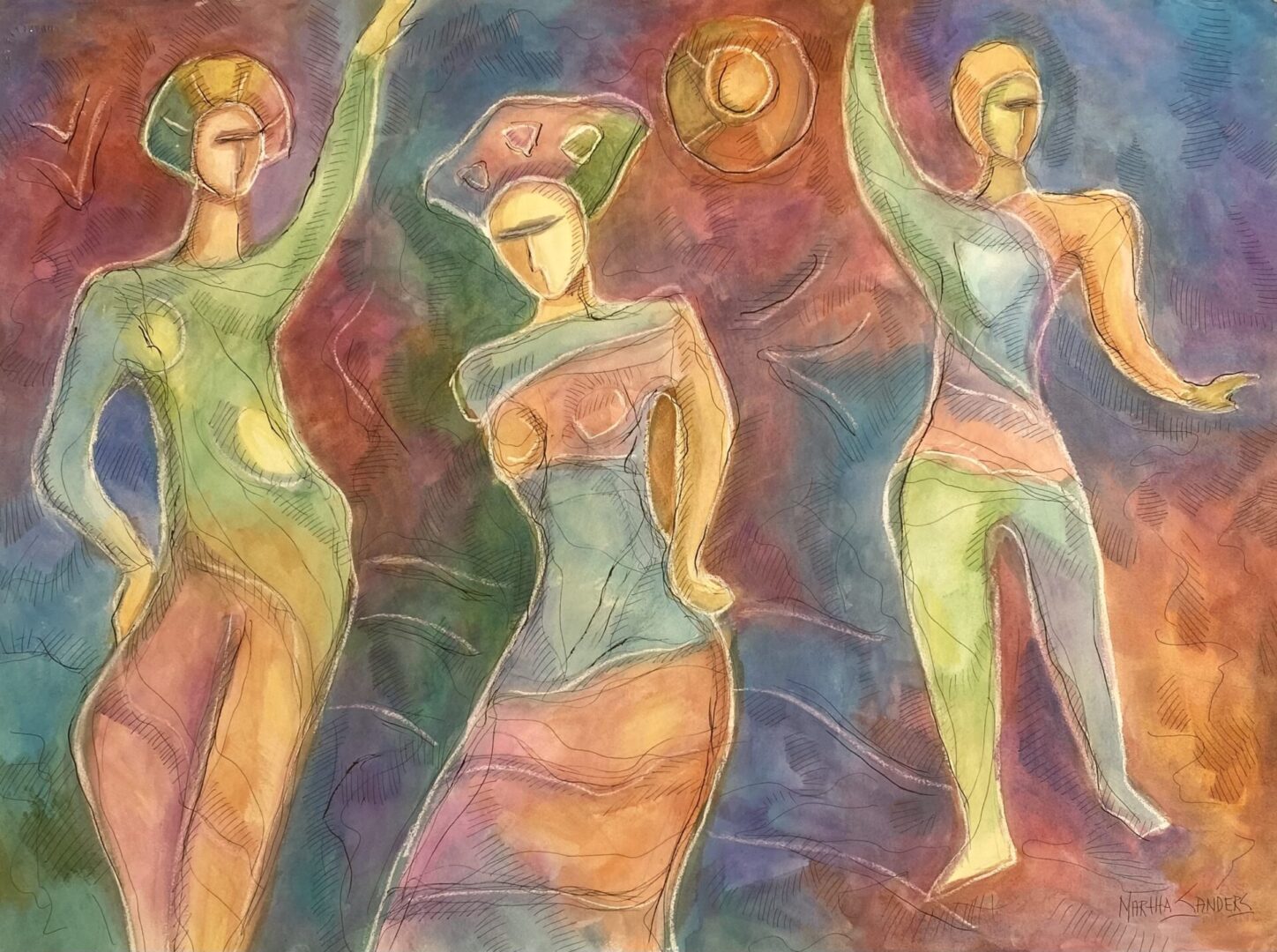 Three women in different colors are dancing.