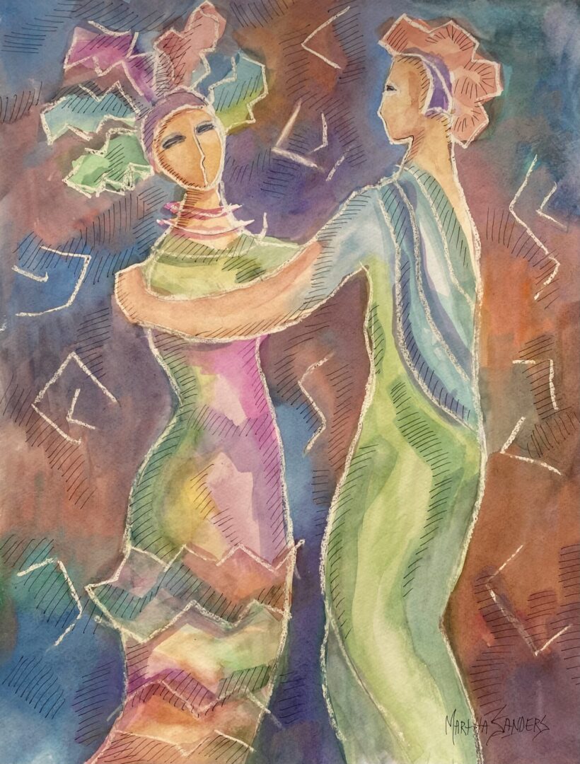A painting of two people dancing in colorful outfits.