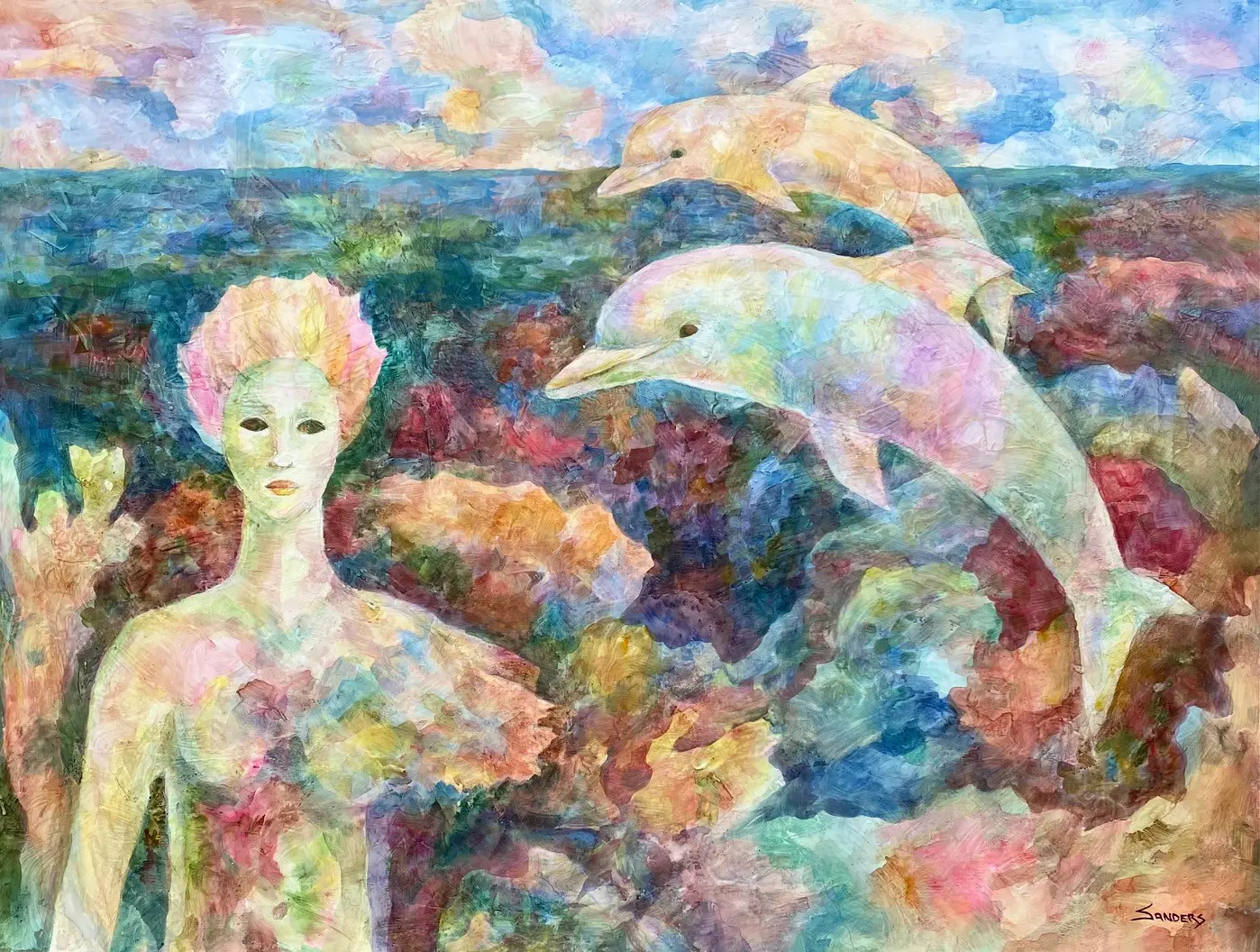 A painting of a woman and two dolphins