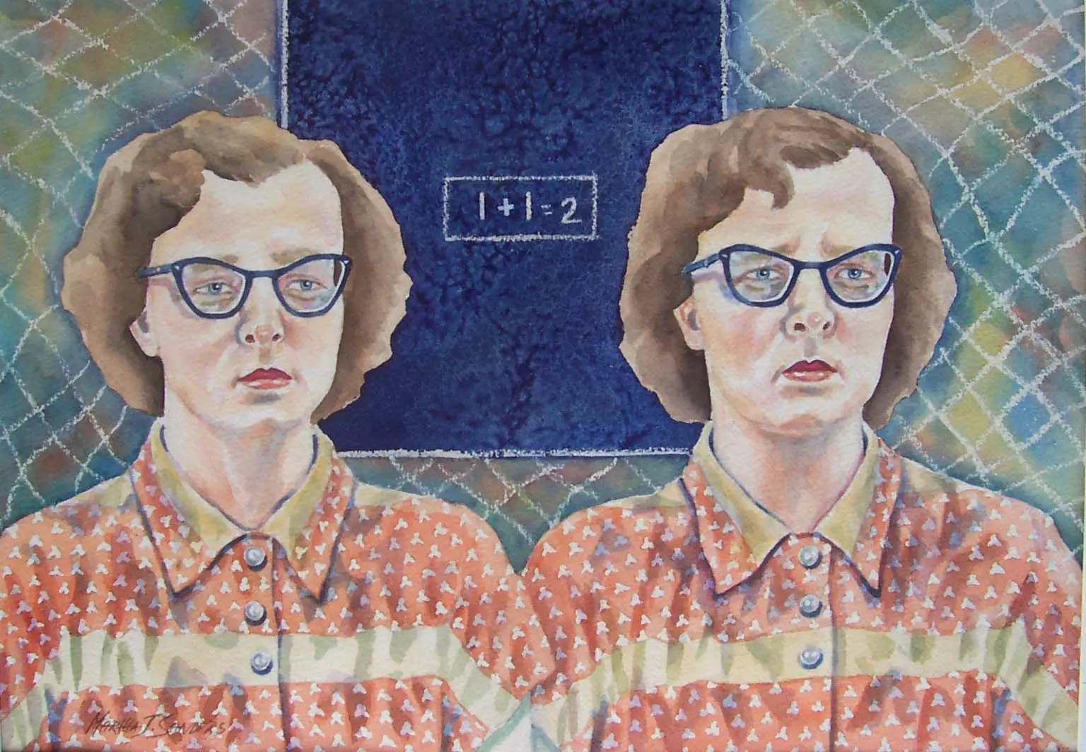A painting of two women in glasses and polka dots.