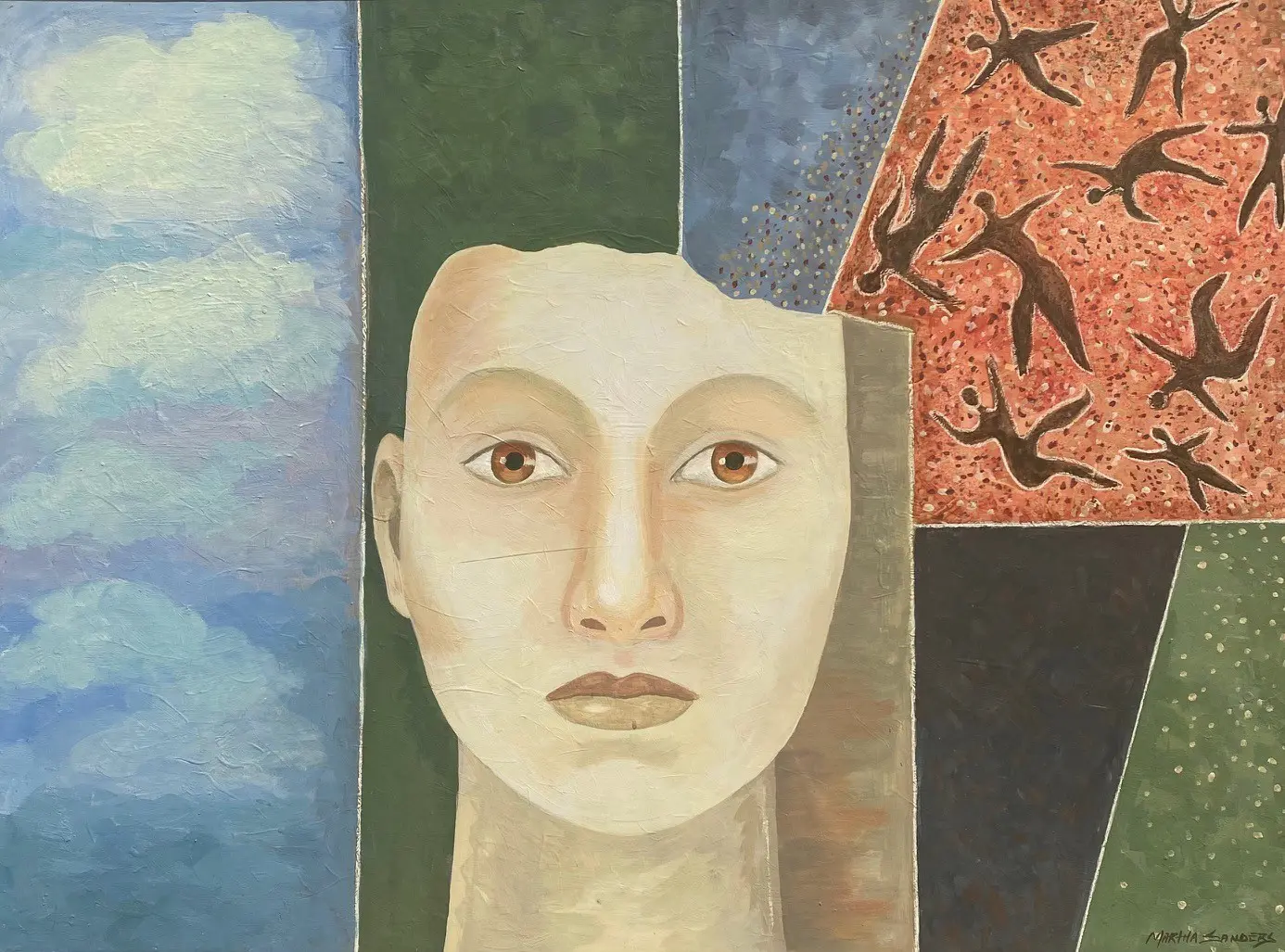 A painting of a woman 's face with birds flying around her head.