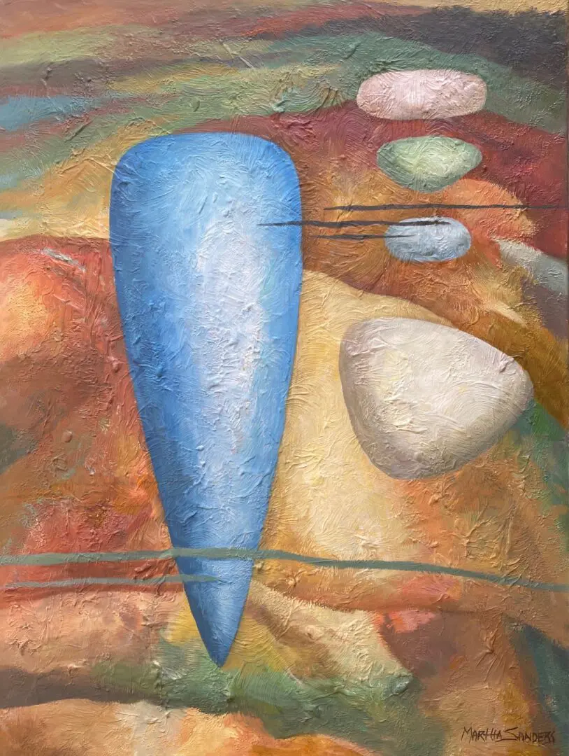 A painting of a blue cone and some rocks