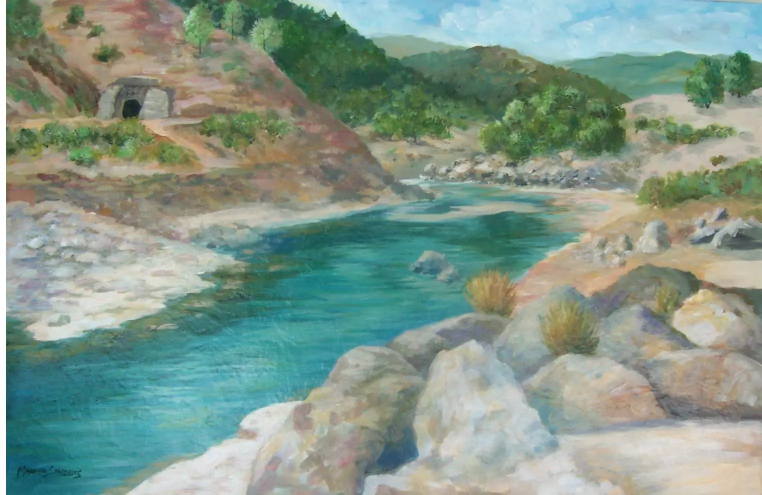 A painting of a river with rocks and trees