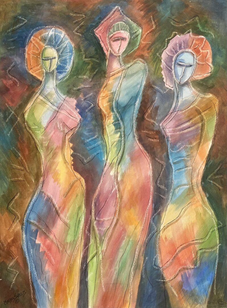Three women in colorful dresses standing next to each other.