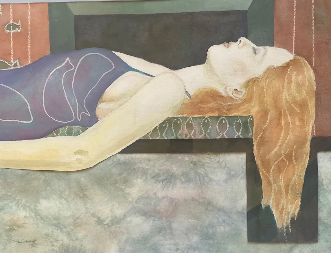 A painting of a woman laying on her stomach