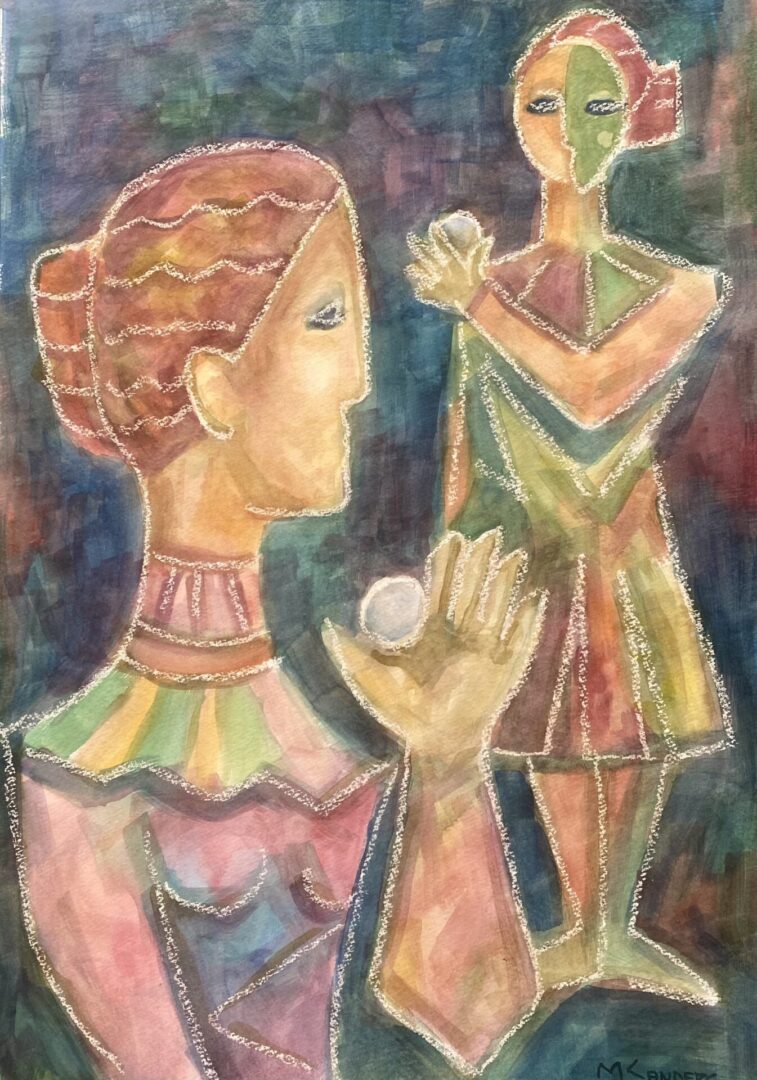 A painting of two women in colorful outfits