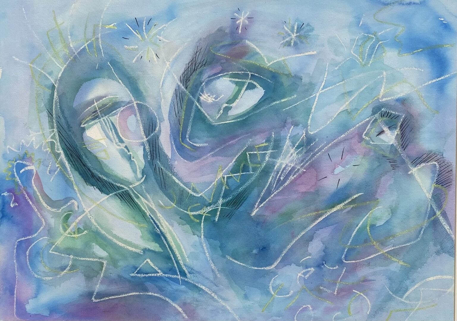 A painting of two faces with purple and blue colors