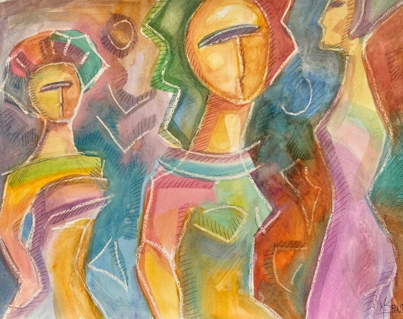 A painting of several people in different colors