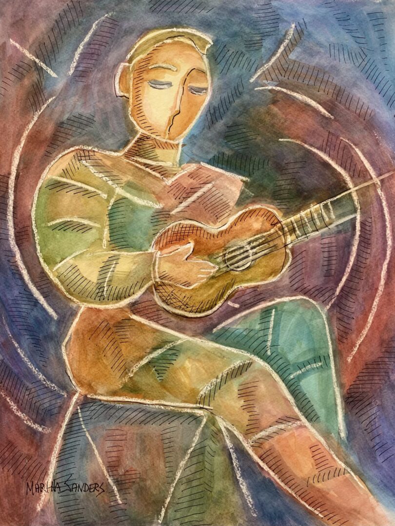 A painting of a person playing the guitar