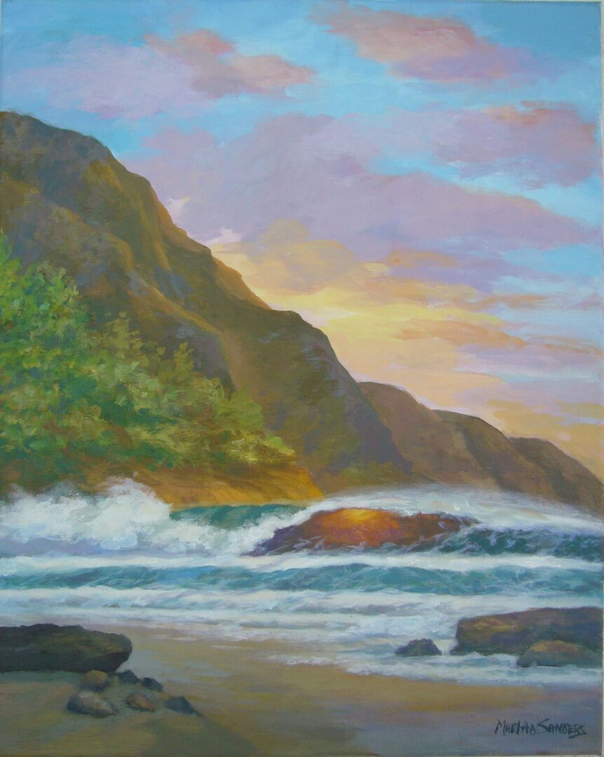 A painting of the ocean and mountains
