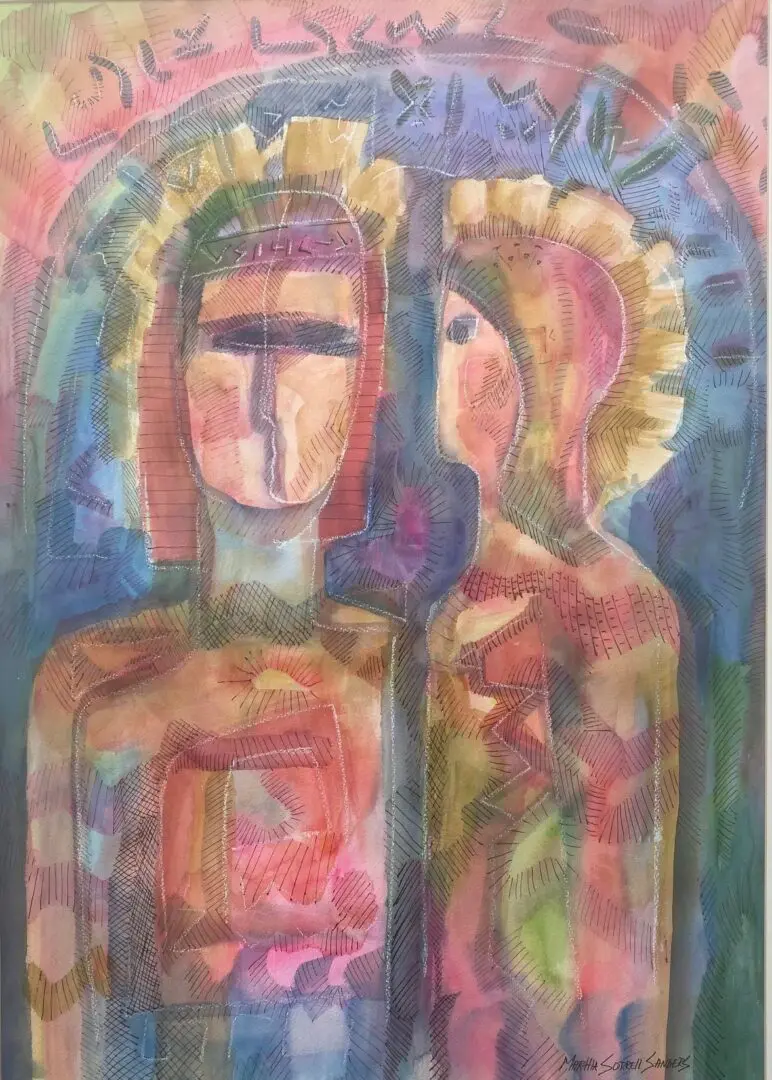 A painting of two people standing next to each other.