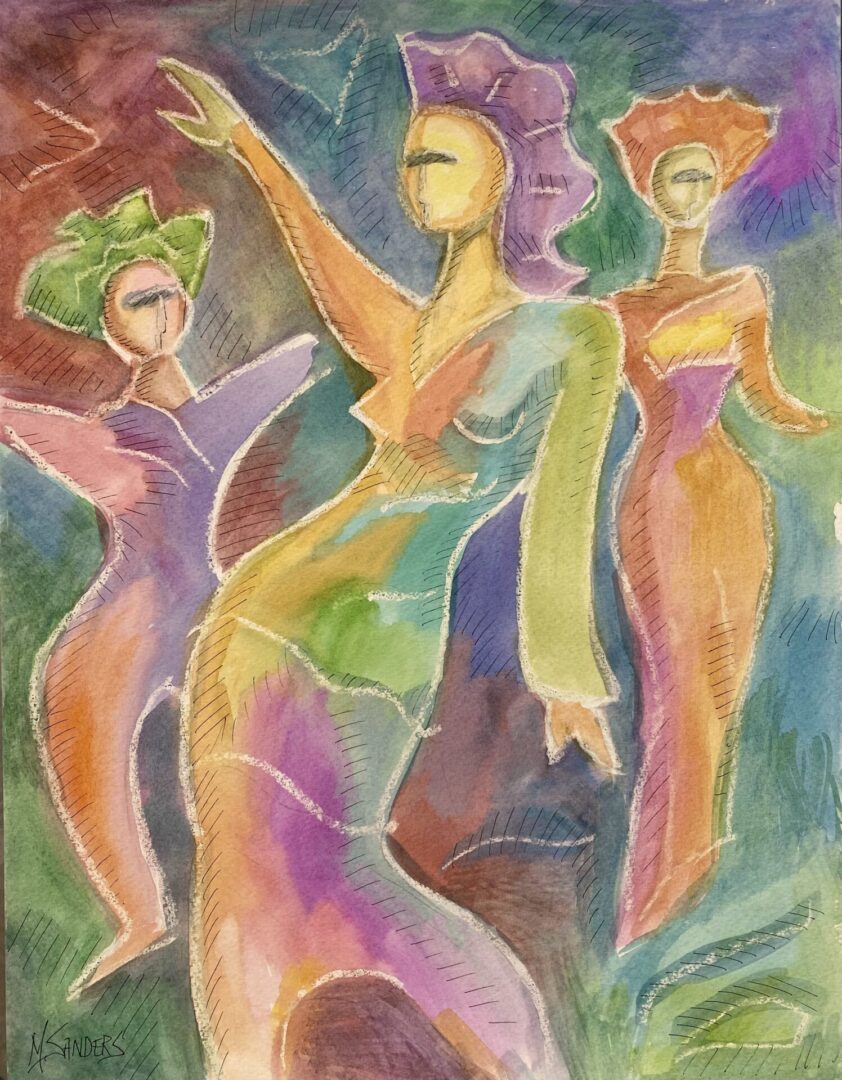 Three women in colorful dresses are dancing.