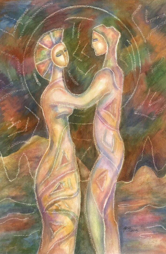 A painting of two people holding hands