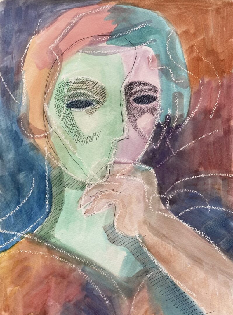 A painting of a woman with her hand on her chin.