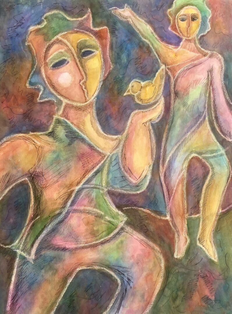 A painting of two people in different colors