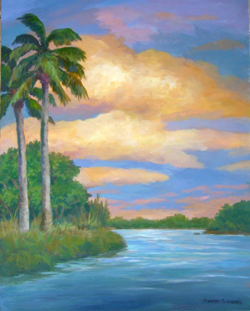 A painting of a river with palm trees in the foreground.