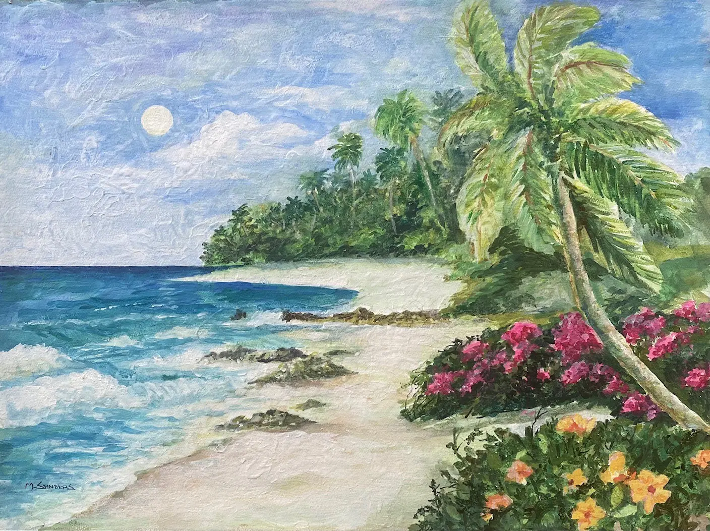 A painting of the beach with flowers and palm trees.