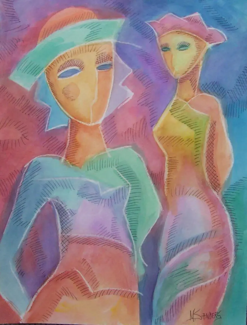 Two women in colorful dresses standing next to each other.