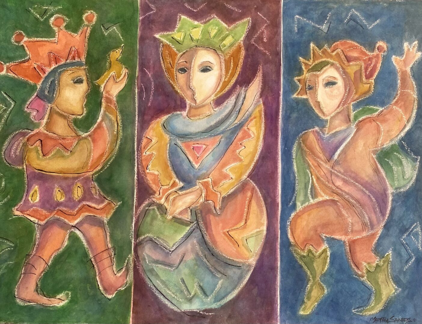 Three paintings of a man, woman and jester.