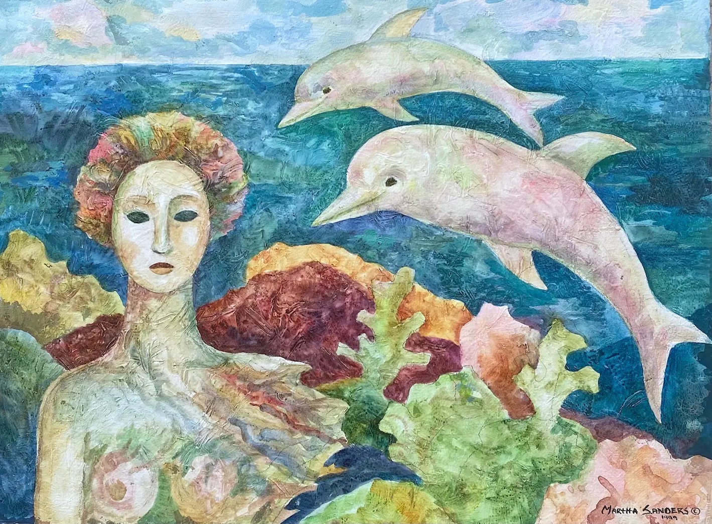 A painting of a woman and dolphins in the ocean.