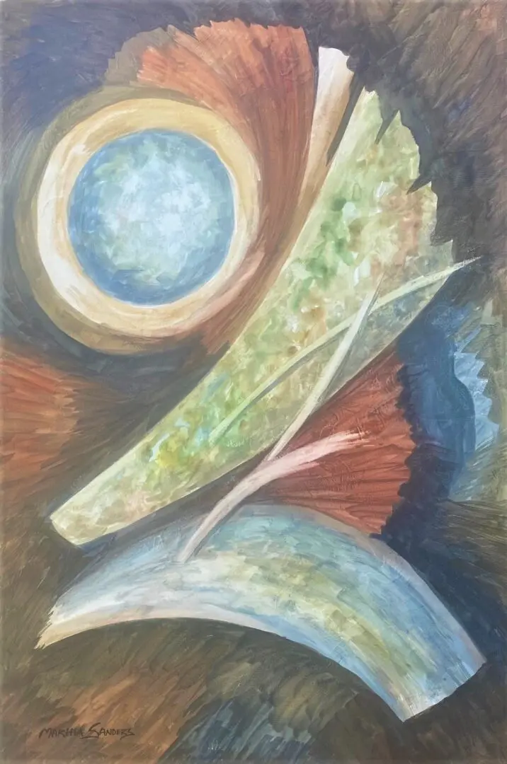 A painting of a leaf and a blue circle