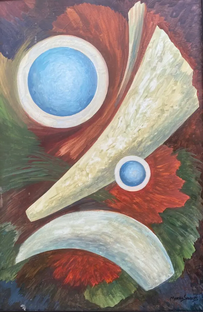 A painting of two circles and a bird
