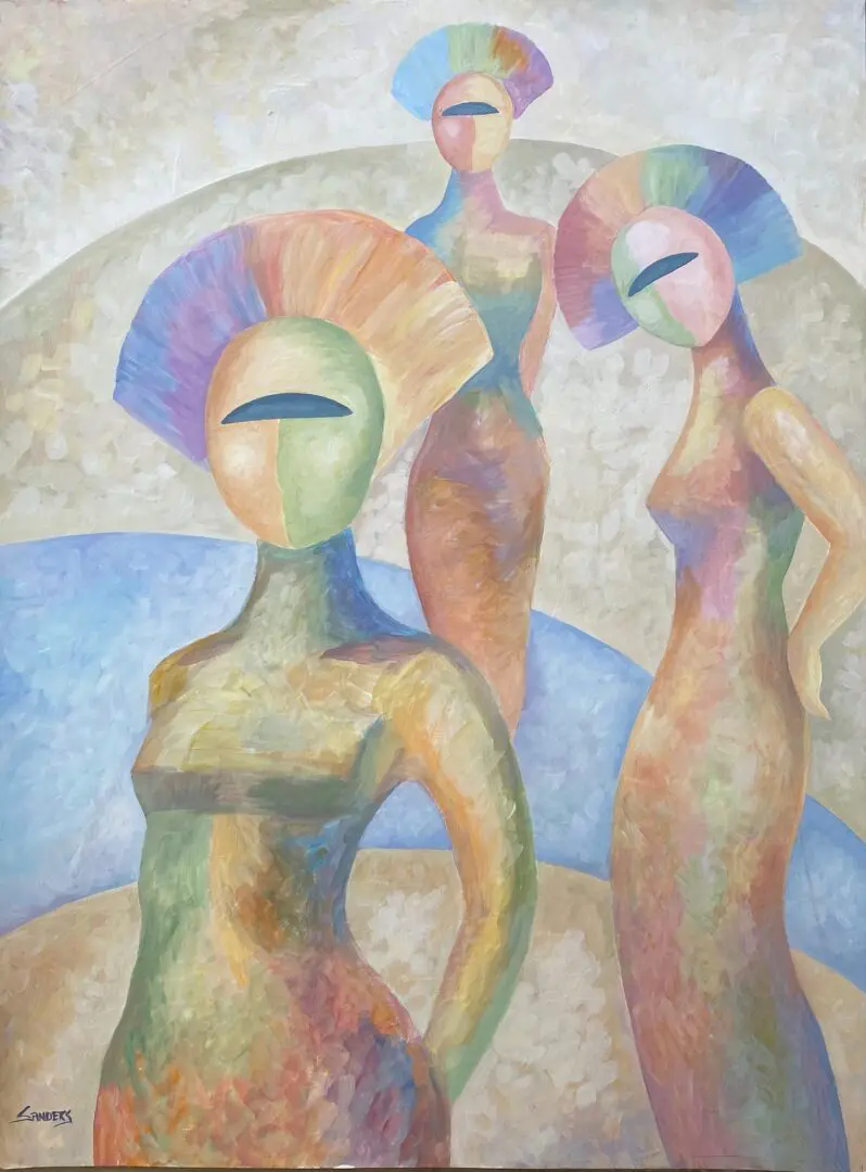 Three women in a circle with one woman standing up.