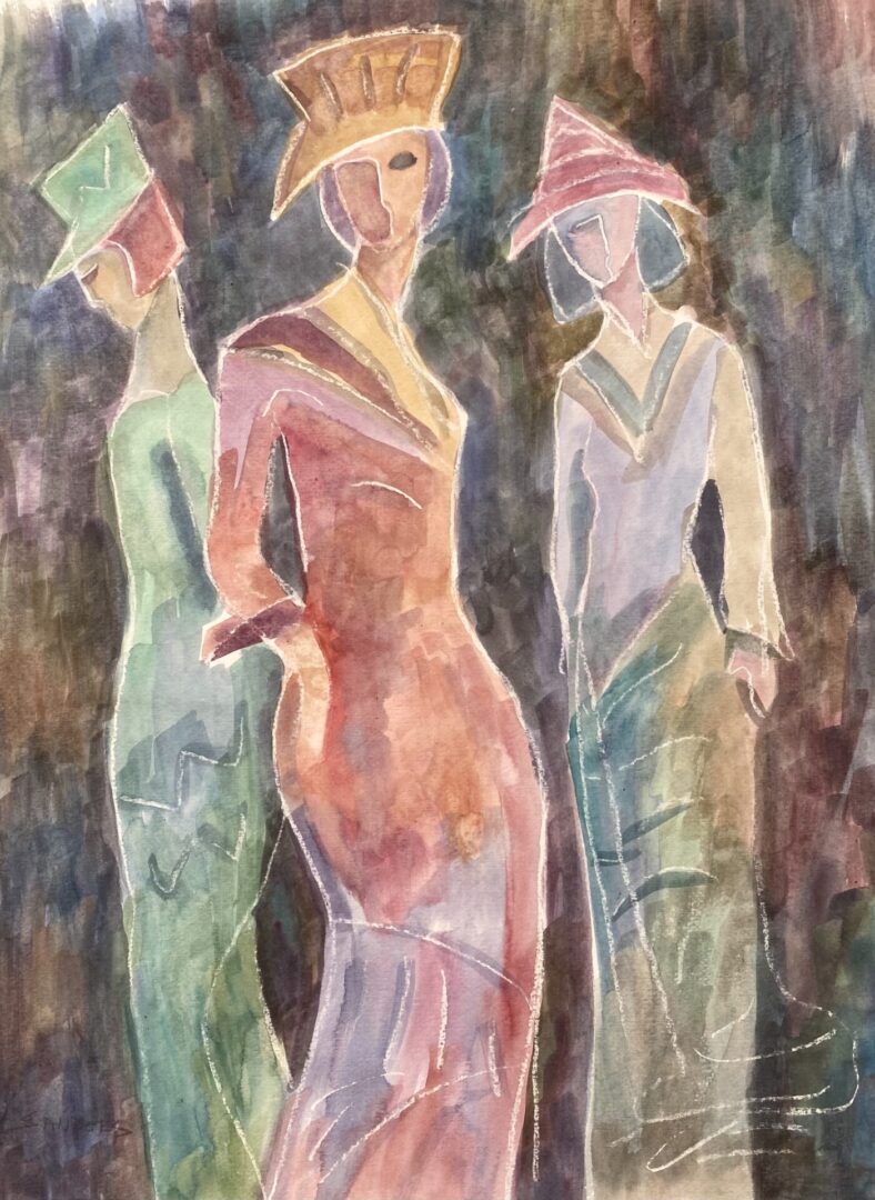Three women in dresses and hats are standing together.