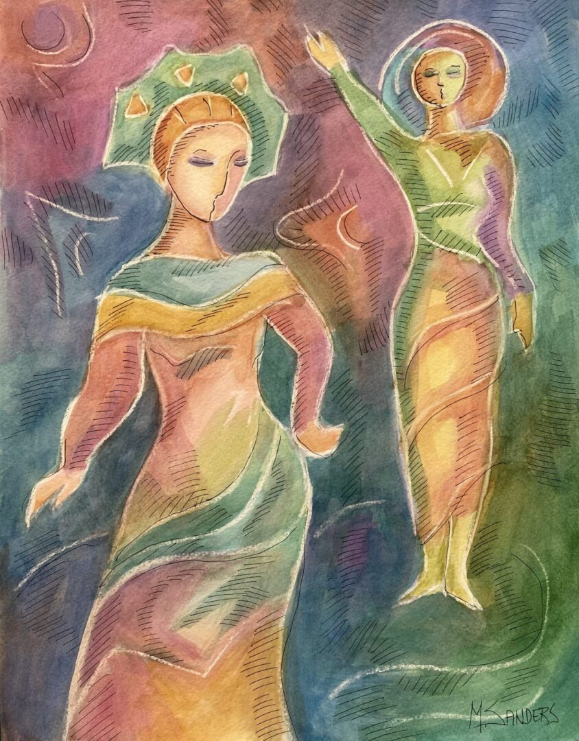 A painting of two women in colorful dresses