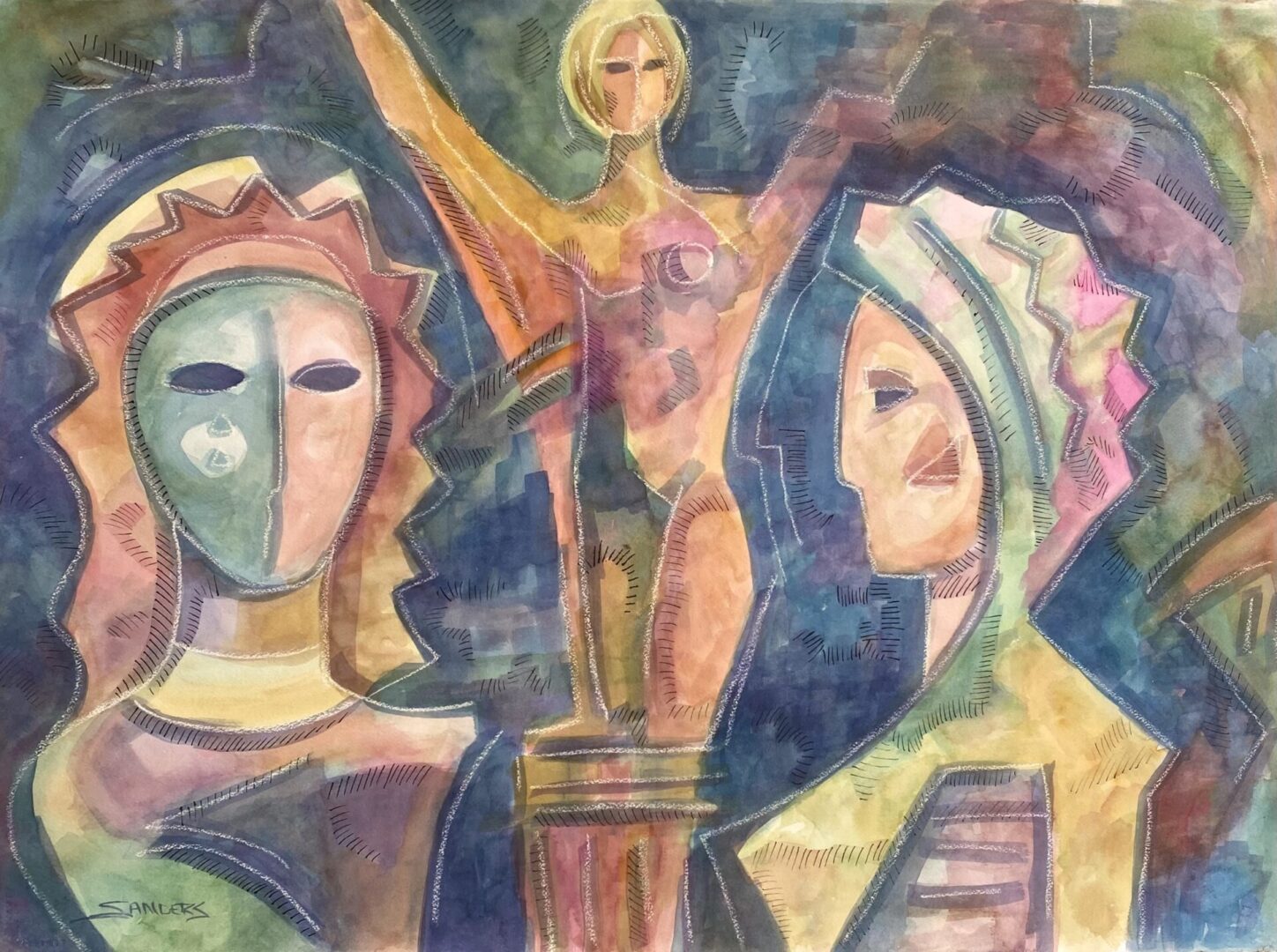 A painting of three women and a statue