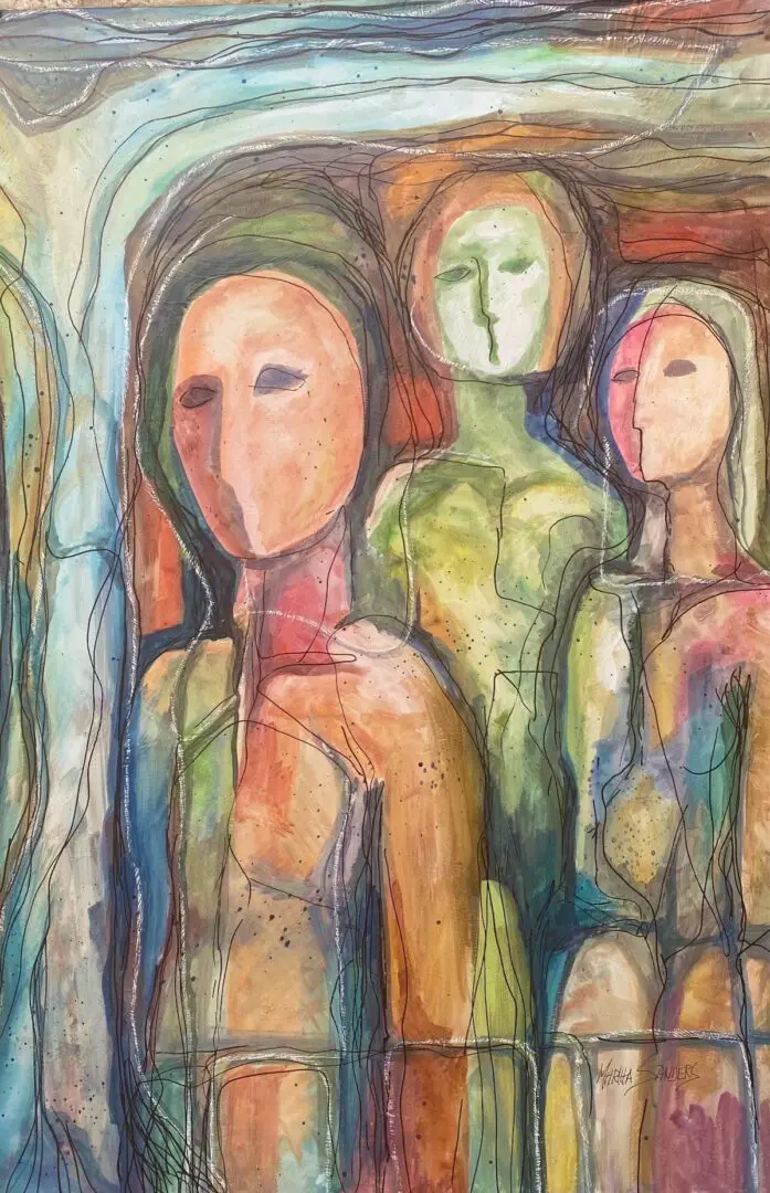 A painting of people standing together in the middle
