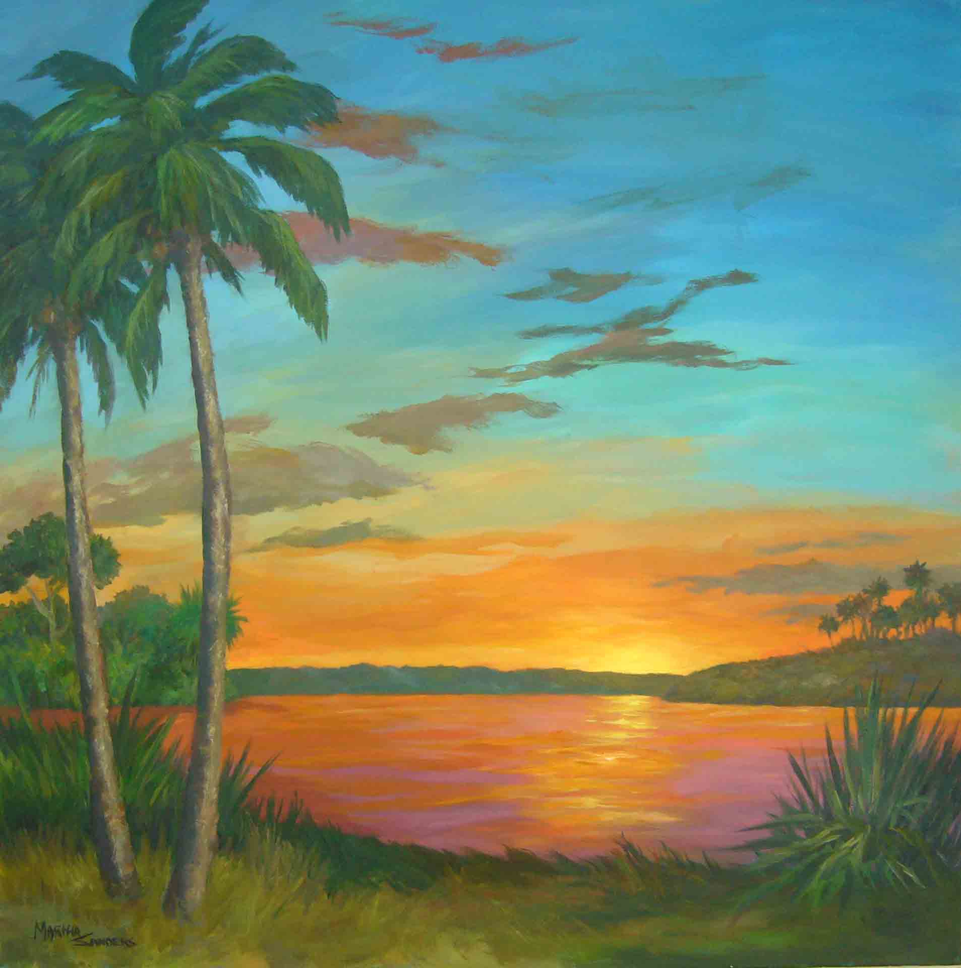 A painting of the sunset with palm trees