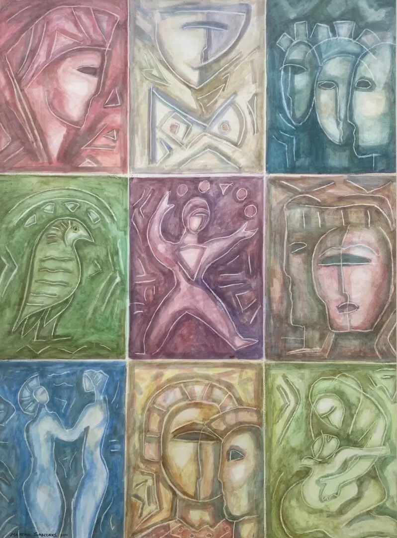 A series of nine paintings with different faces.