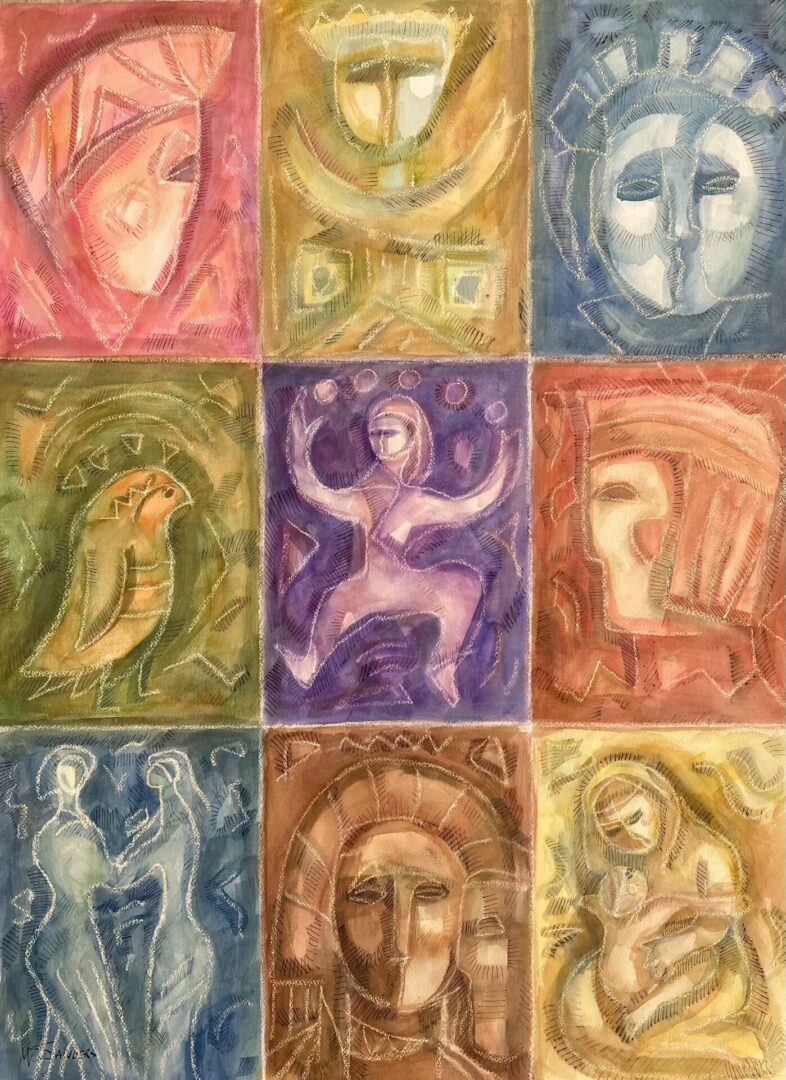 A series of paintings with different faces and colors.
